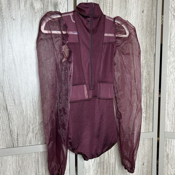 Weissman Dance Leotard Size S Burgundy Lycra Puff Sheer Sleeves - Picture 4 of 10